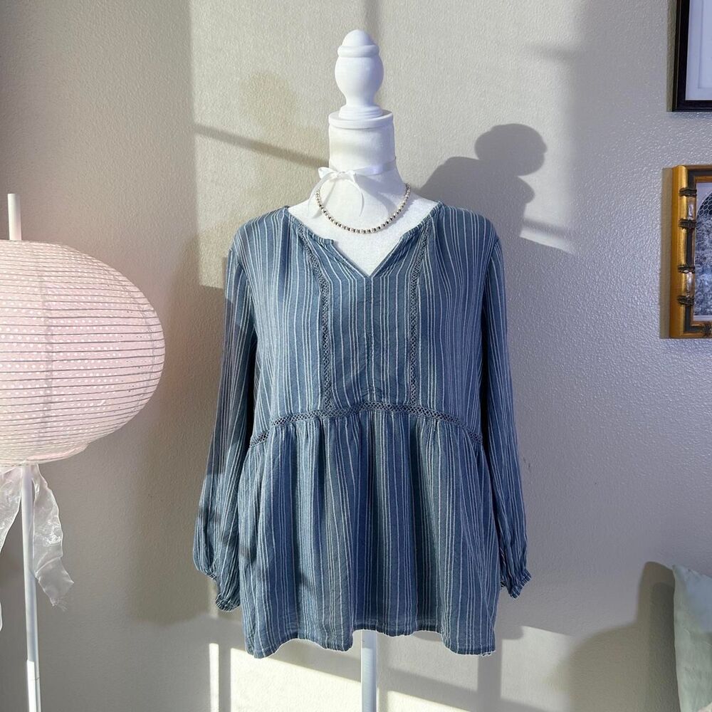 Fever boho blue pinstripe tiered peasant blouse L